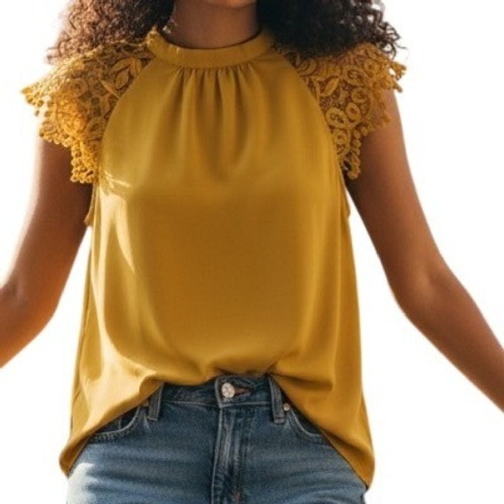 EXPRESS‎ Mustard Yellow Crochet Lace Sleeves Mock Neck Blouse NWT Size XS
